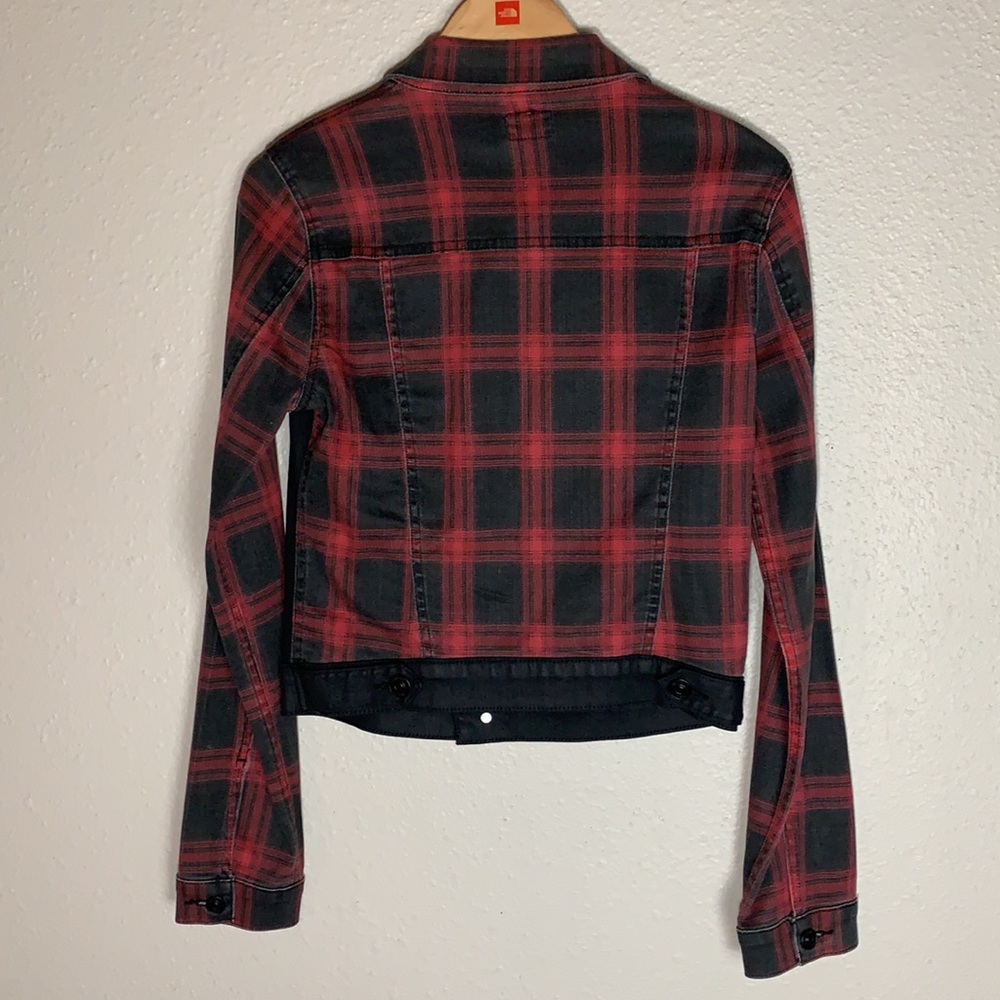 Rare HUDSON jean’s black & red buffalo check denim Jean Jacket Sz S Stretch - Picture 8 of 13
